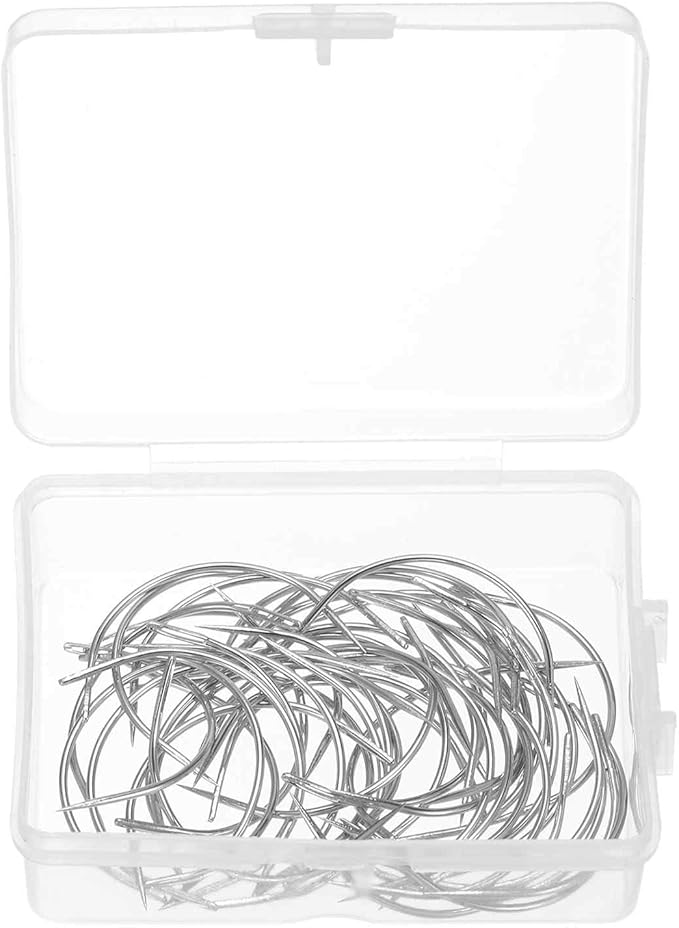 HARFINGTON 50Pcs Curved Needles 2" C Type Weaving Sewing Needles Wig Making Upholstery Big Eye for Carpet Leather Canvas Repairing Blocking Knitting