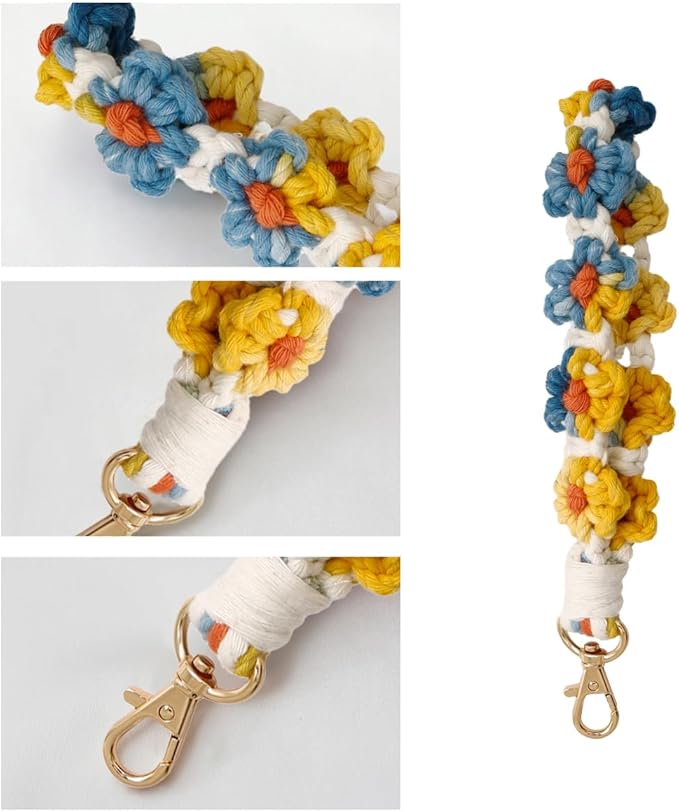 Boho Keychain Handmade Keychain Wristlet Key Chain Wrist Lanyard for Keys Cute daisy keychain for Women