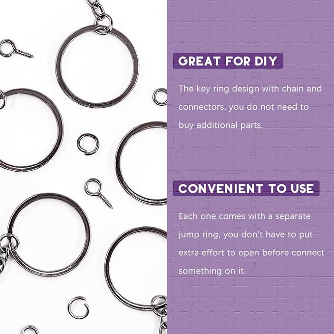 Swpeet 300Pcs 7/5 Inch 35mm Black Flat Key Chain Rings Kit, Including 100Pcs Split Keychain Rings with Chain and 100Pcs Jump Ring with 100Pcs Screw Eye Pins Bulk for Jewelry Findings Making
