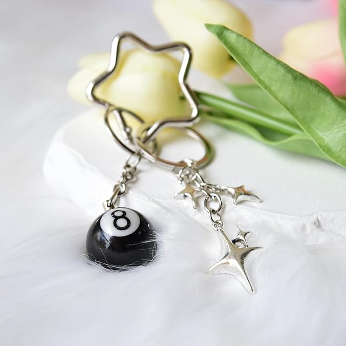 8 Ball Keychain Silver Star Key Chain Bottle Opener Dice Cute Bag Charm Decor for Handbag Backpack Gift for Him Her