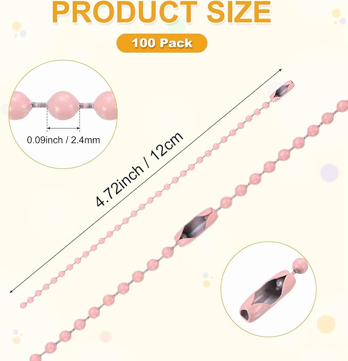 M METERXITY 50-Pack Ball Beads Chain, 4.7 in Metal Beaded Necklace Adjustable Keychain with Connectors for Jewelry Making/DIY Crafts/Hanging Decoration, Dog Tag Chain [Pink]