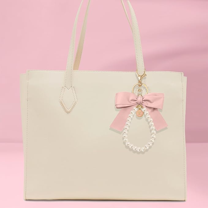 XGALBLA Initial Letter Cute Coquette Bow Keychain for Women, Wristlet Simulated Pearl Keychains Bag Charms for Handbags