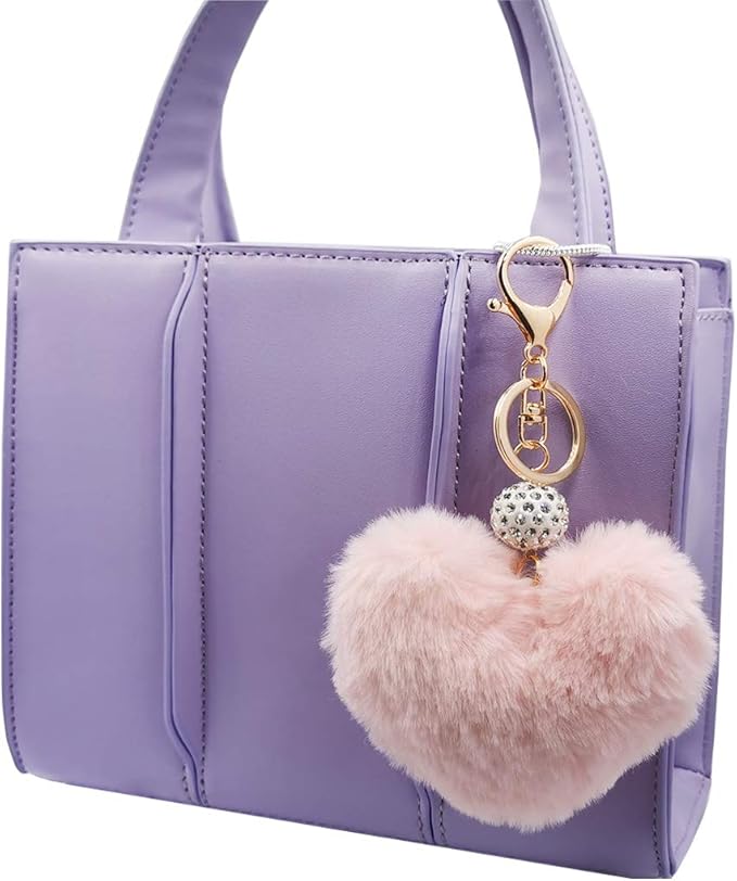 Women's Heart Faux Fur Pom Pom Key Chains Bag Accessory Puffball Keyring Backpack Charms for Girls