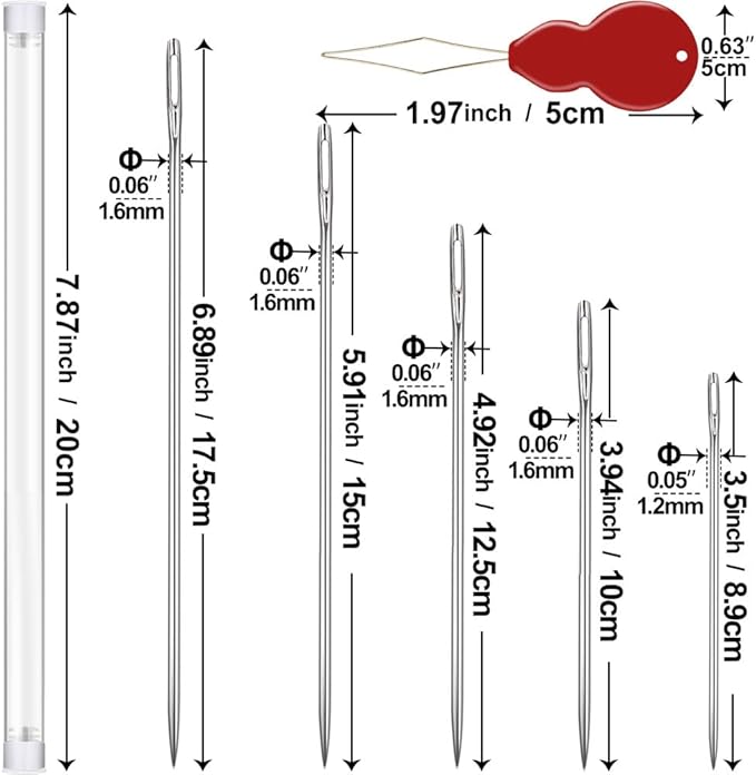Long Sewing Needles, 15 Pcs & 5 Sizes Stitching Needles, Hand Sewing Needles for Stitching and Crafting Projects, Carpet, Cushion, Curtain, Quilting Needles Large Eye with 2 Needle Threaders