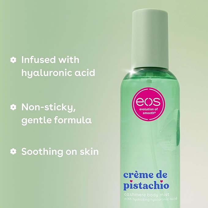 eos Cashmere Body Mist, Crème de Pistachio, Body Spray for Women, Pistachio Perfume, Hair Mist, Moisturizing, Hyaluronic Acid, Glycerin, Vegan, Cruelty-free, 6 fl oz