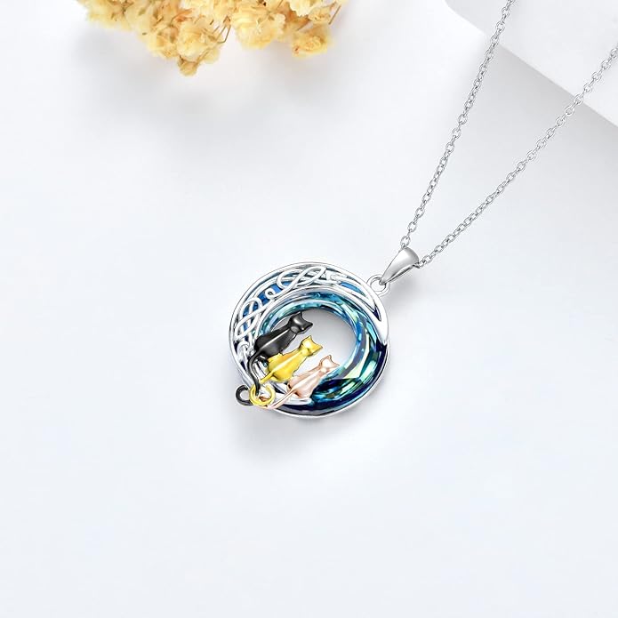 TOUPOP Cat Gifts for Cat Lovers One Two Three Four Cats Necklace Sterling Silver Cats on the Moon Pendant Necklace with Blue Circle Crystal Birthday Christmas Celtic Jewelry Gifts for Women