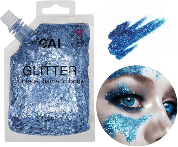 Face, Body & Hair Glitter Gel – Halloween Glitter for Kids and Women – 3 Oz Cosmetic-Grade Gel w/Moon & Stars for Festivals & Halloween Party, Easy Apply & Wash Off - Blue 2Pack