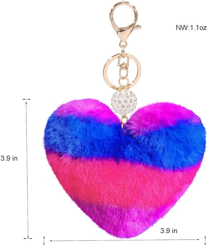 Women's Heart Faux Fur Pom Pom Key Chains Bag Accessory Puffball Keyring Backpack Charms for Girls