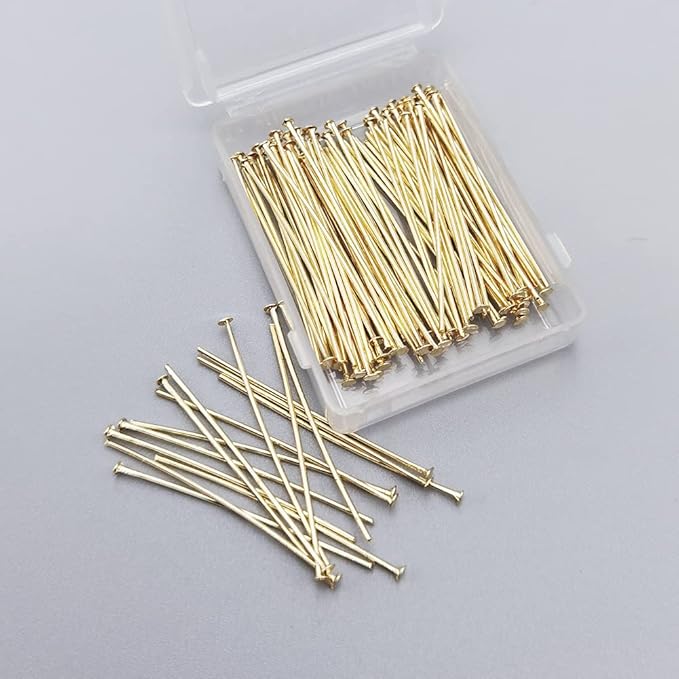 INSPIRELLE 100PCS Gold Plated Brass Flat Head Pins 22 Gauge Satin Pins for DIY Jewelry Making Findings - 30mm (1.2 Inch) Long