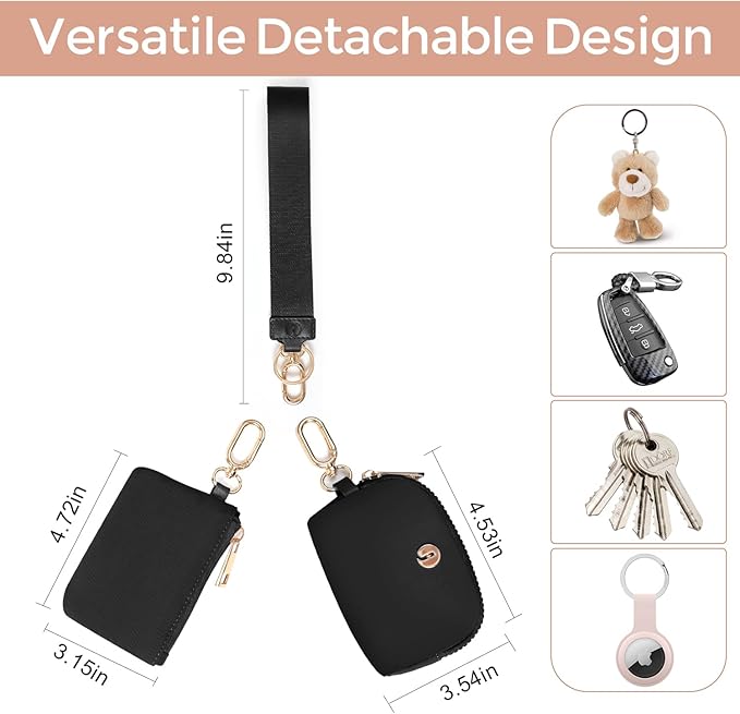 Dual Pouch Wristlet Keychain Wallet with 2 Wrist Straps - Small and Portable Mini Zipper Coin Purse Card Wallets for Women Men Gold Hardware Black+Black
