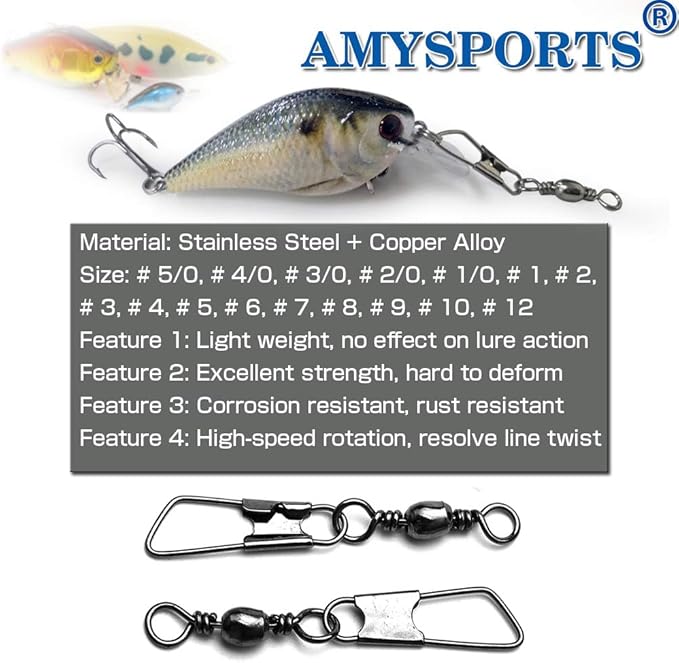 AMYSPORTS Stainless Steel Snap Swivel Saltwater High Strength Snaps Fishing Barrel Line Connector Fishing Swivels Barrel Safety Snap Fishing Tackle Stainless Steel Accessories