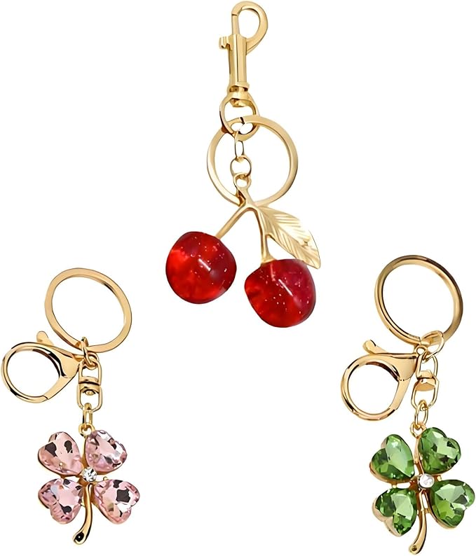 Four Leaf Clover Cherry Bag Charm Keychain,Cute Cherry Purse Charm,Clover Handbag Keychain,keyring for Women 3pcs