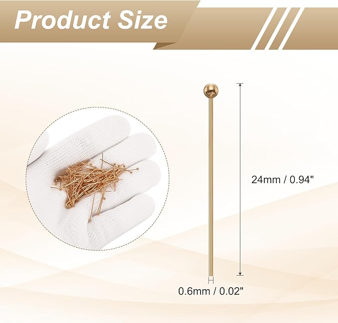 HARFINGTON 100pcs Ball Head Pins 0.94" 24mm Round Head Pins for Earring Pendant Necklace Bracelet Charm Jewelry Making Findings DIY Craft, Champagne Gold