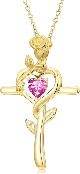 Midari 18K Yellow Gold Cross Pendant Rose Birthstone Necklaces for Women Christian Cross Jewelry with 12 Months Birthstone Birthday Gifts for Wife Her Daughter Mom
