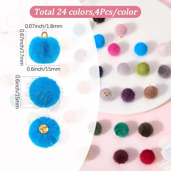SUNNYCLUE 96Pcs 24 Colors Faux Fur Pom Pom Charm Fluffy Pompom Charms Bulk Colorful Polyester Fuzzy Round Small Ball Pendants with Gold Hoop for Tassel DIY Crafts Jewelry Keychain Making Accessories