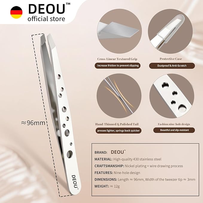 DEOU Professional Eyebrow Plucker & Tweezers - Stainless Steel Tool for Brow Shaping, Hair Removal & Precise Grooming, 9-Hole Non-Slip Grip, Unisex, Gift Box Included