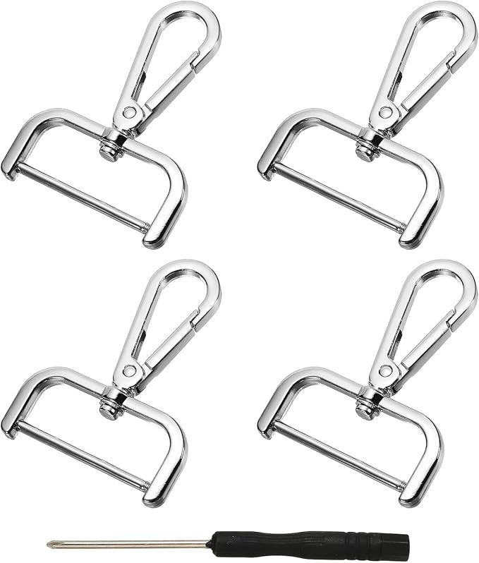 YELARXI Swivel Clasps Hook, 1-1/2 Inch ID Detachable Snap Hook W/Screw Bar D Ring Claw Clasp with Screwdriver for Lanyard Bag Leather Craft Purse Hardware DIY Bag (4 Pack, Silver White)