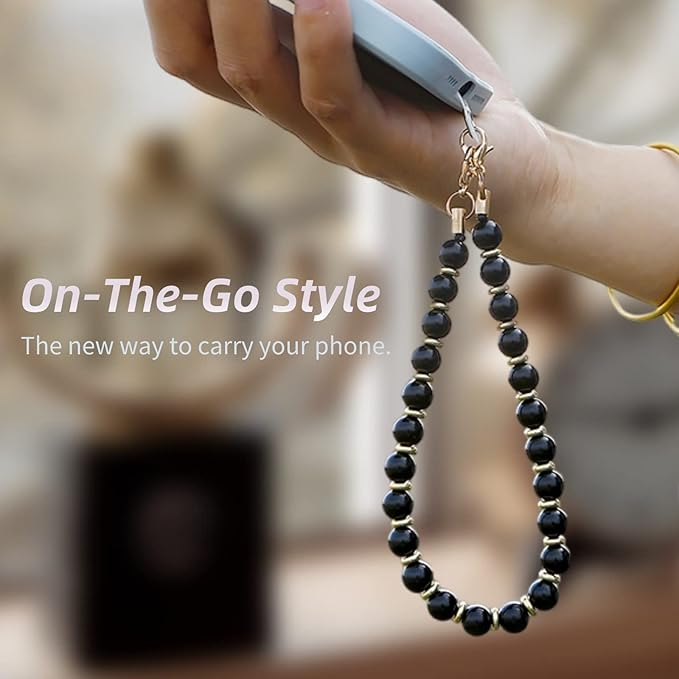 Marble Beaded Phone Wrist Strap,Detachable Phone Bracelet Strap with Tether Tab,Hands-Free Wristlet Strap (Obsidian-Black)