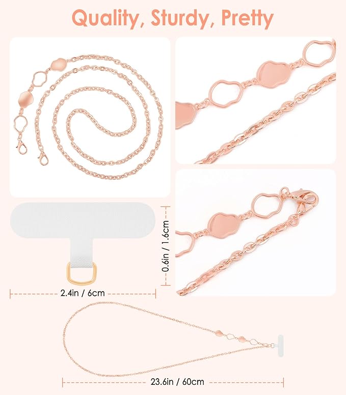 MoKo Universal Phone Lanyard, Metal Cell Phone Chain Crossbody Strap Anti-Theft Detachable Women Cellphone Lanyards Around The Neck with Patches for iPhone, Most Smartphones, Rose Gold