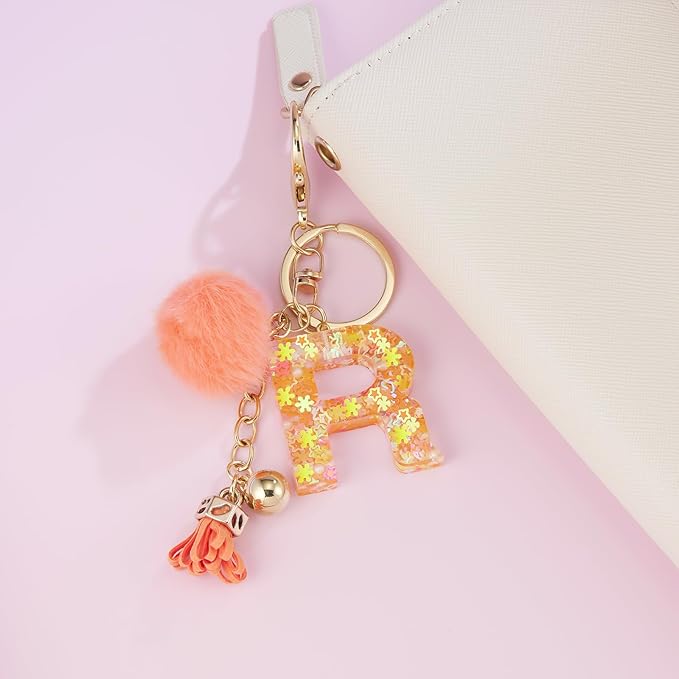 Resin Alphabet Initial Letter Keychain Keyring for Women Purse Handbags With Fur Ball Pom