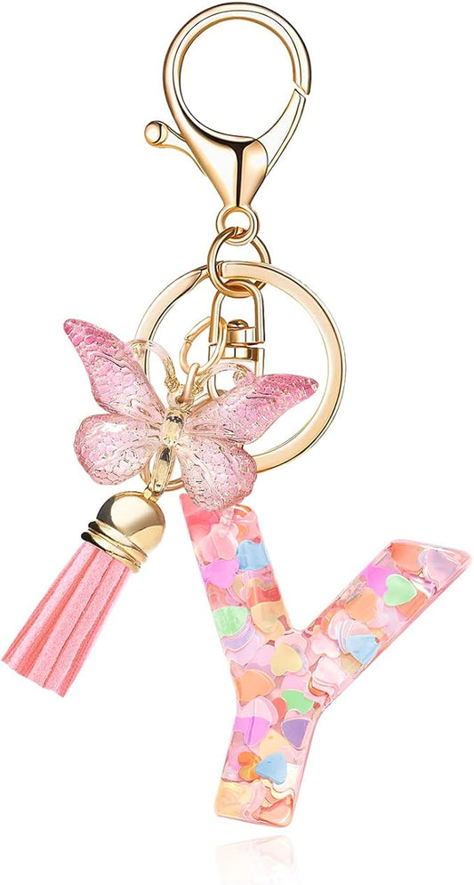 Fashion Alphabet Initial Letter Keychain Tassel Butterfly Pendant Key Ring for Purse Handbags Women Girl