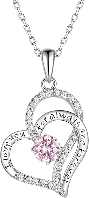 LynChoe Birthday Gifts Double Heart Birthstone Necklace for Women, S925 Sterling Silver Pendant Necklace Jewelry for Her Mother Mom Wife Girlfriend