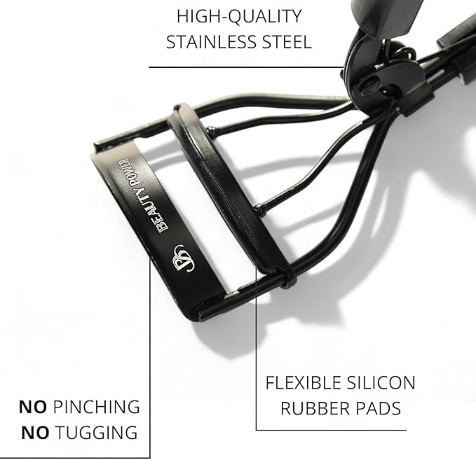 Beauty Power Eyelash Curler - Precision Lash Lift in Seconds with 5 Replacement Pads, Eyebrow Brush & Satin Travel Bag - Gentle & Safe, German Stainless Steel for Perfect Extra Curls - Gift (Black)