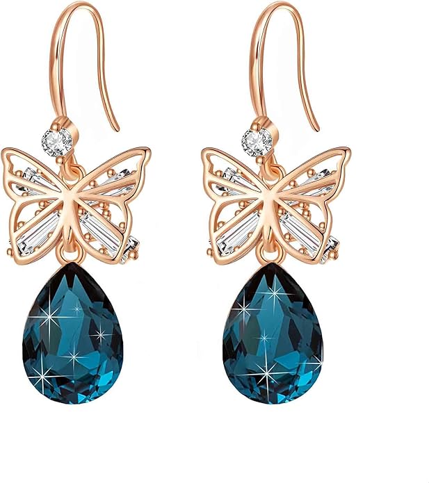Austrian Crystal Teardrop Butterfly Drop Dangle Earrings for Women 14K Rose Gold Plated Hypoallergenic Jewelry