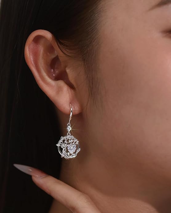 FANCIME Tree of Life Dangle Drop Earrings 925 Sterling Silver Dainty Round Gemstone Birthstone Earring Fine Jewelry Birthday Christmas Gifts for Her Women