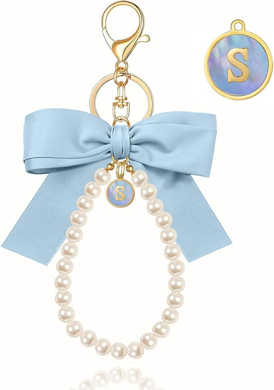 XGALBLA Initial Letter Cute Coquette Bow Keychain for Women, Wristlet Simulated Pearl Keychains Bag Charms for Handbags
