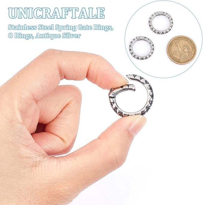 UNICRAFTALE 2pcs Stainless Steel Spring Gate Rings Antique Silver Metal O Rings Hollow Round Ring Circle Connector Keychain Rings for Jewelry Making Inner 15mm