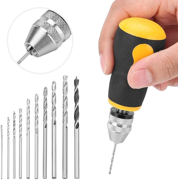Micro Mini Hand Drill Tool, Portable Tool Set Small Hand Drill & 10 pcs Twist Drill Bits 0.8-3.0mm Precision Pin Vise Woodworking Hand Drill for Model Jewelry Walnut Amber Beeswax
