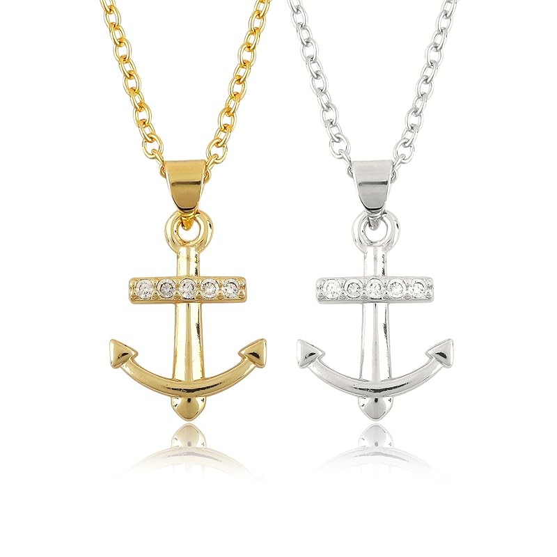 JOR Anchor Charm Pendant Necklace, CZ, Women Jewelry, Dainty Gold & Silver Plated Combo Chain 18 inch (Pack of 2)