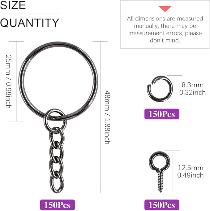 Swpeet 450Pcs 1" 25mm Gun-Black Key Chain Rings Kit, Including 150Pcs Keychain Rings with Chain and 150Pcs Jump Ring with 150Pcs Screw Eye Pins Bulk for Jewelry Findings Making (Gun-Black)