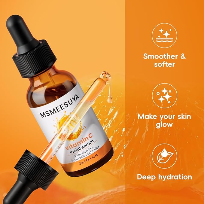 MSMEESUYA Vitamin C Serum for Face 2-Pack, Brightening Facial Serum with Hyaluronic Acid & Vitamin E, Helps Improve Dark Spots, Uneven Tone, Fine Lines & Wrinkles, 1 Fl Oz Each