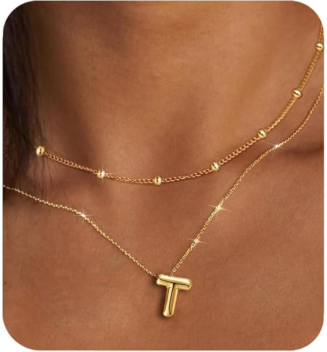 PANSHI Gold Initial Necklaces Gifts for Teen Girls Women Girlfriend Teen Girl Gifts Trendy Stuff Layered Bubble Letter Necklace Gold Jewelry Birthday Gift