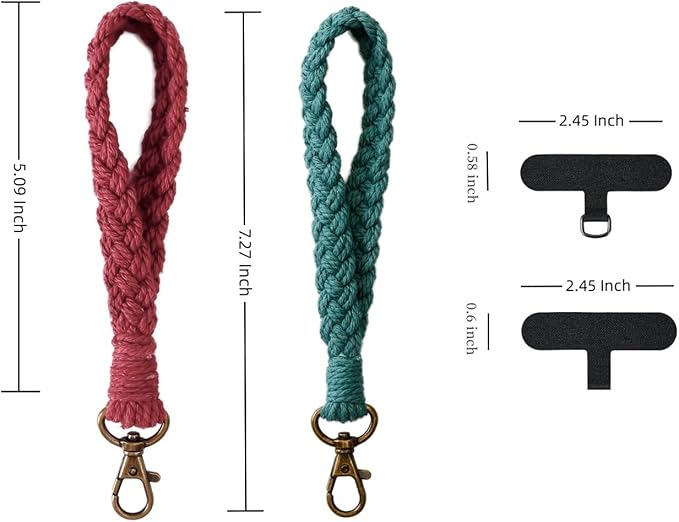 2 PCS Phone Wrist Strap, Cell Phone Lanyard, with 2× Phone Tether Tab, Handmade Macrame Keychain, Phone Case Wrist Lanyard for Women Girls(Dark Green+Red)
