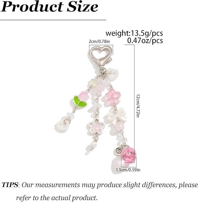 Angyape Cute Pink Strawberry Keychain Y2K Keychain Bow Flower Heart Pendant Bag Charms Kawaii Aesthetic Accessories for Women