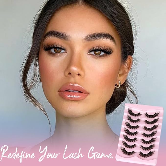 Mink Lashes Fluffy 6D False Eyelashes 17mm Wispy Cat Eye Lashes that Look Like Extensions Strip Lashes Pack