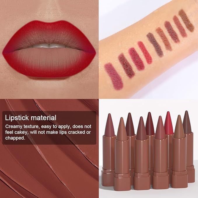 evpct 6Pcs Mauve Maroon Brown Ruby Plum Dark Red Gradient Matte Lip Liner Lipstick Combo Crayon Pencil Set for Women Long Lasting, Cream Lip Liner and Lipstick Combo Makeup Kit, Gradual Ombre Effect