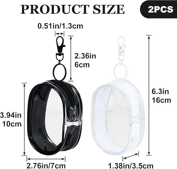 2pcs Clear Keychain Pouch, Portable Mini Zipper Case Makeup Bags with Hook, Small Waterproof PVC Figure Display Pouch Travel Cosmetic Case for Organizing Keys Lipstick- Black & White