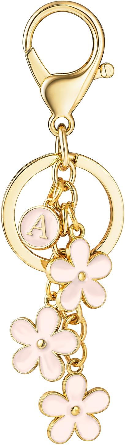 SELOVO Initial Keychain White/Pink/Black Cute Keychain Girl Purse Charms for Handbag Cute Letter Flower Keyring for Backpack