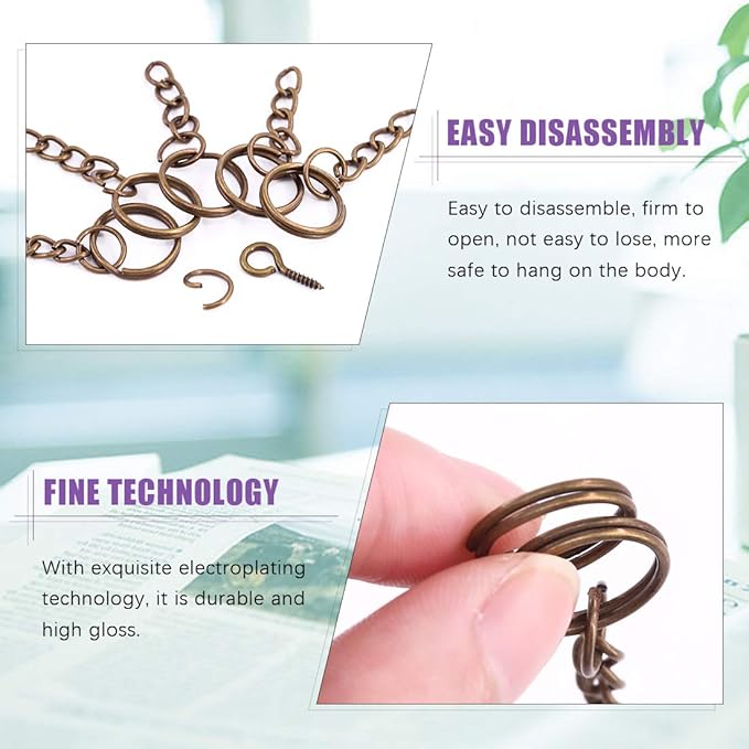Swpeet 450Pcs 3/5" 15mm Bronze Key Chain Rings Kit, Including 150Pcs Keychain Rings with Chain and 150Pcs Jump Ring with 150Pcs Screw Eye Pins Bulk for Jewelry Findings Making (15mm, Bronze)