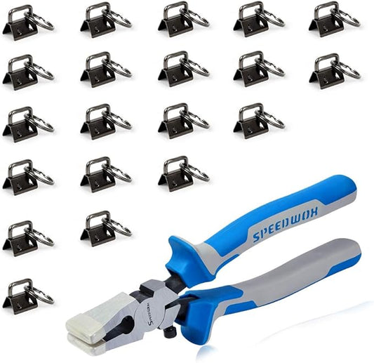 SPEEDWOX Glass Breaking Pliers with 20 Pcs 0.8 Inch Key Fob Hardware Set with Keychain Split Rings Webbing Fabric Strapping Wristlet Set Antique Black Breaking Pliers Tools with Rubber Tips