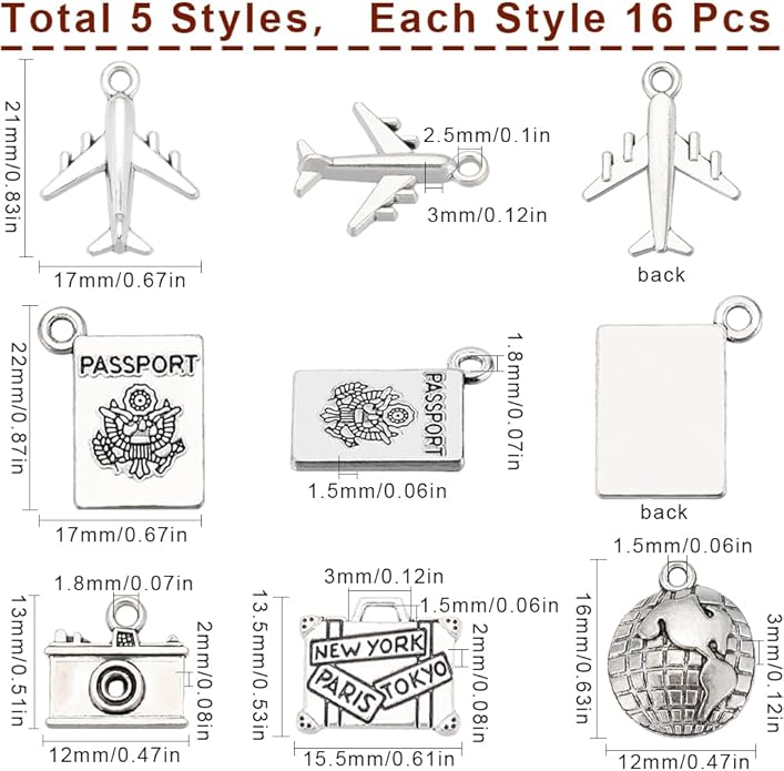 SUNNYCLUE 1 Box 80Pcs 5 Styles Alloy Travel Charms Passport Charms Bulk Tibetan Silver Retro Metal Airplane Camera Map Suitcase Pendants for Jewelry Making Supplies DIY Necklace Bracelet Earring