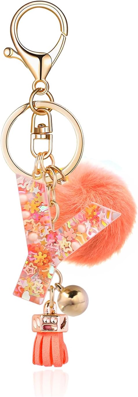 Resin Alphabet Initial Letter Keychain Keyring for Women Purse Handbags With Fur Ball Pom