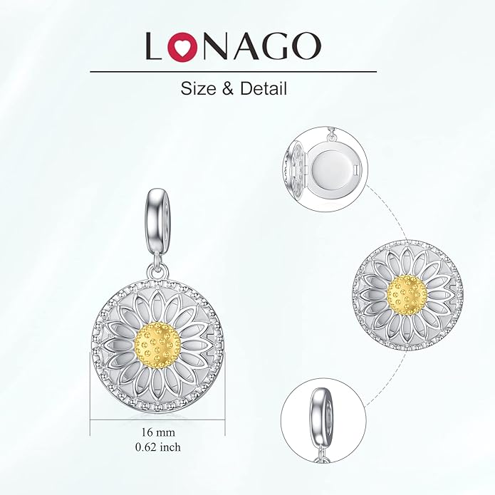 LONAGO 925 Sterling Silver Personalized Photo Charm Fit Compatible for Bracelet Necklace Customized Heart Round Shape Picture Bead