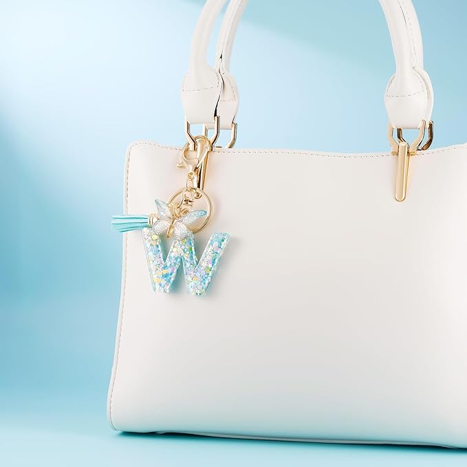 Fashion Alphabet Initial Letter Keychain Tassel Butterfly Pendant Key Ring for Purse Handbags Women Girl