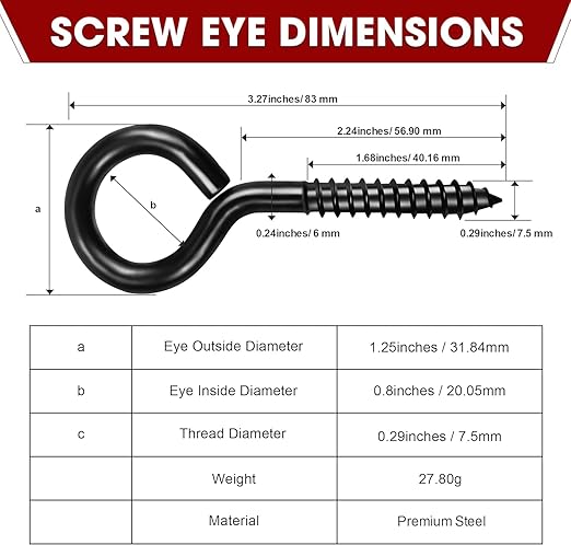 14PCS Black Screw Eyes - 3.2 Inch Heavy Duty Eye Bolts, Cable & Wire Securer - Hammock Stand, Indoor & Outdoor Use