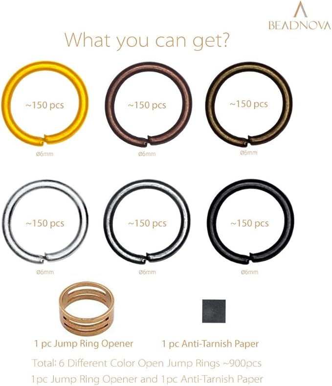 BEADNOVA 6mm Jump Rings for Keychains Assorted Colors Open Jump Rings for Jewelry Making (900Pcs)